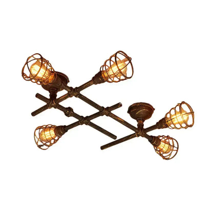 Industrial brass intersecting piping ceiling light dining room cage