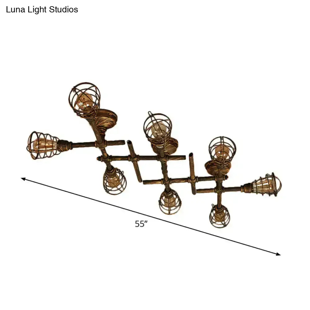 Industrial brass intersecting piping ceiling light dining room cage