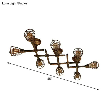 Industrial brass intersecting piping ceiling light dining room cage