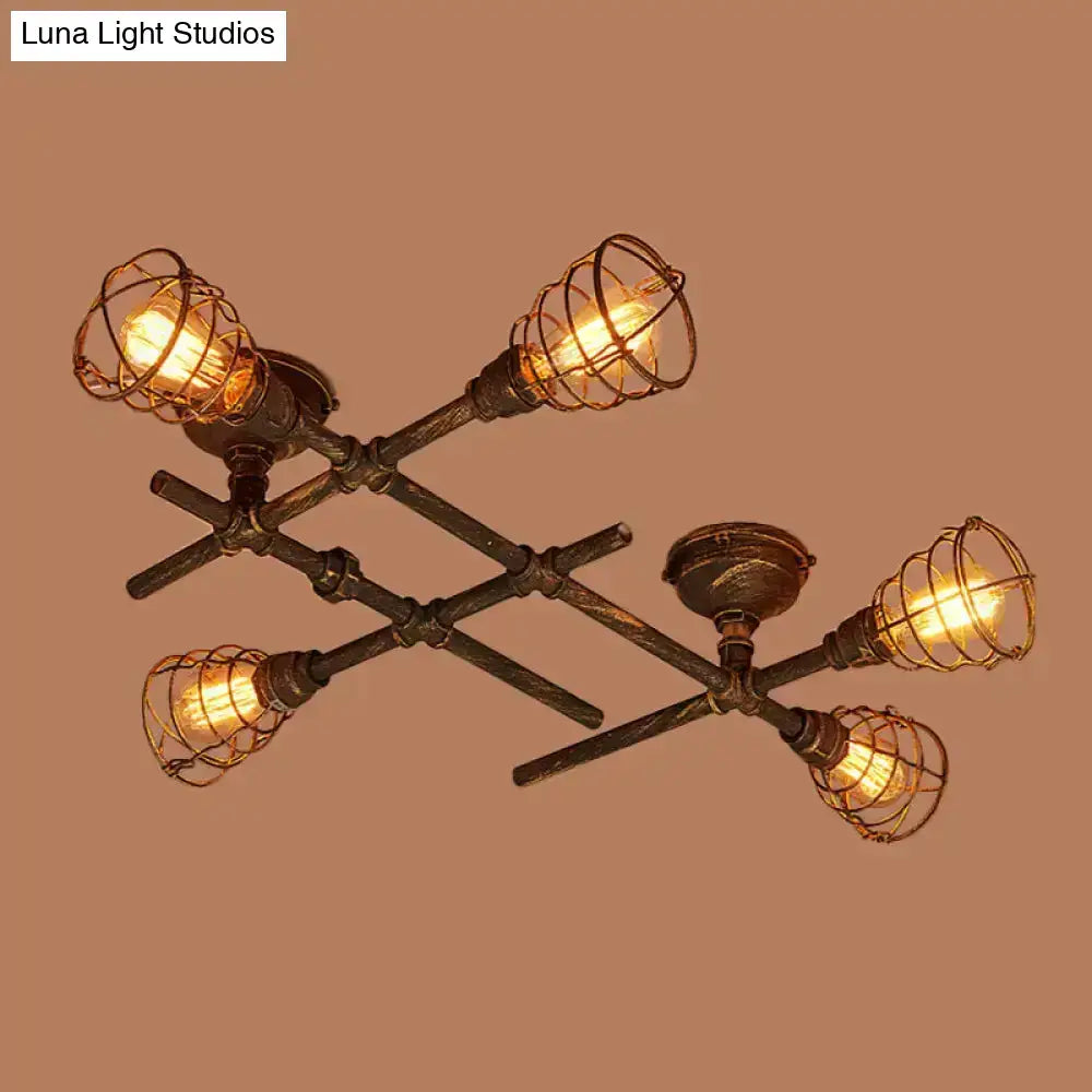 Industrial brass intersecting piping ceiling light dining room cage