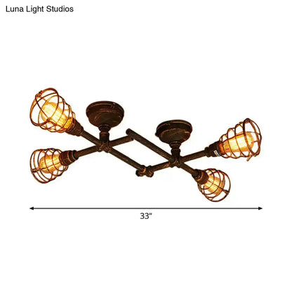 Industrial brass intersecting piping ceiling light dining room cage