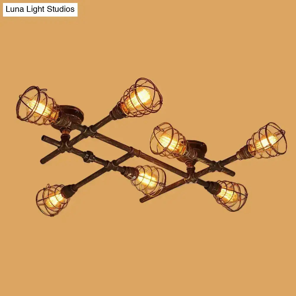 Industrial brass intersecting piping ceiling light dining room cage