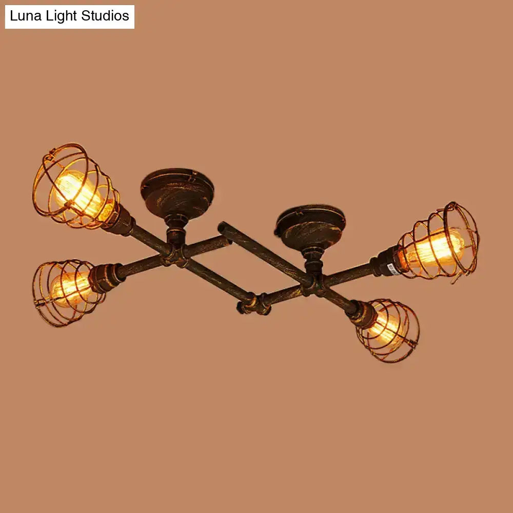Industrial brass intersecting piping ceiling light dining room cage