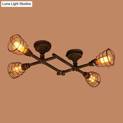 Industrial brass intersecting piping ceiling light dining room cage