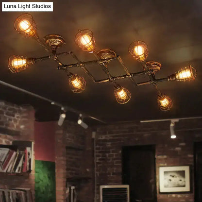 Industrial brass intersecting piping ceiling light dining room cage
