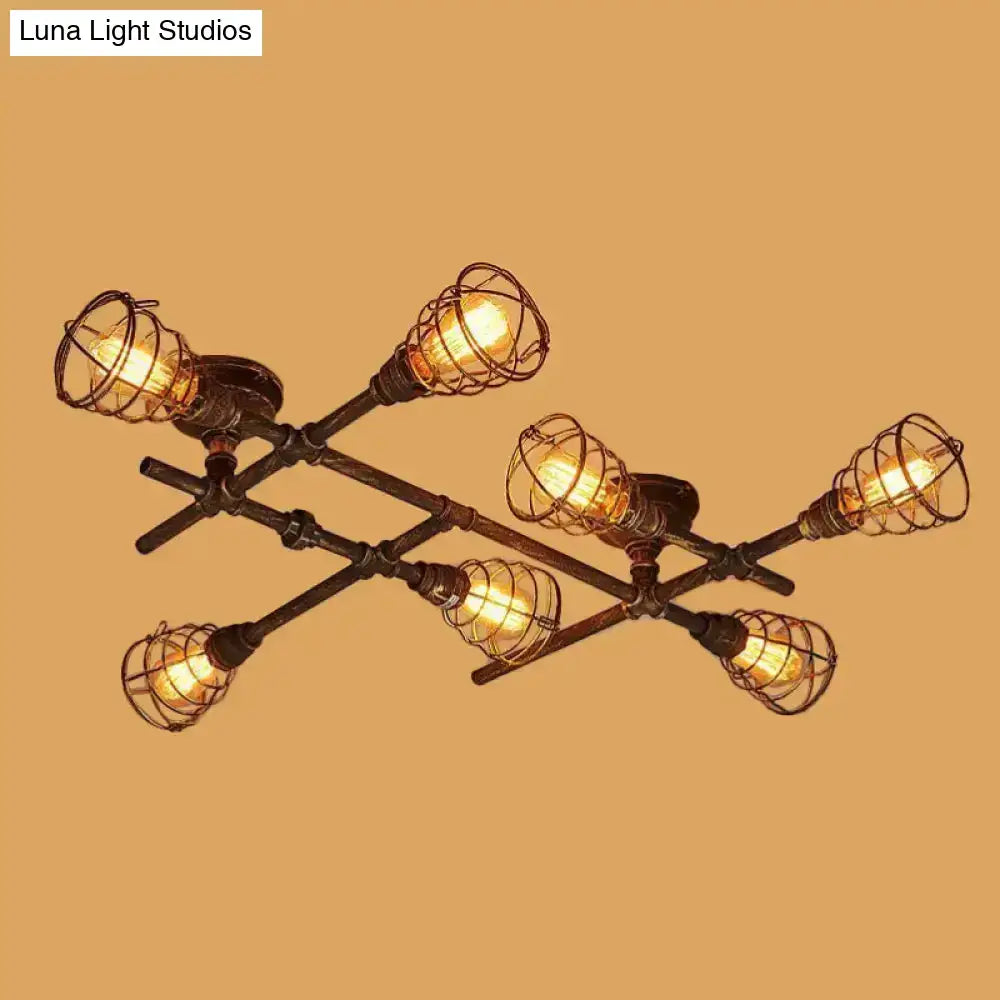 Industrial brass intersecting piping ceiling light dining room cage