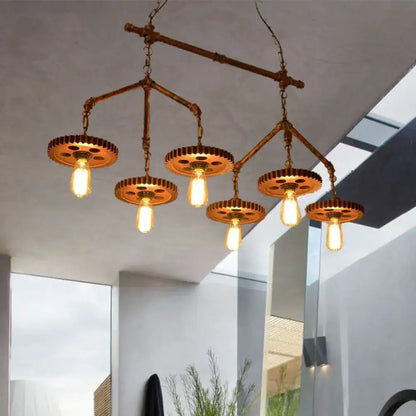 Industrial brass pipe island light fixture kitchen gear chandelier