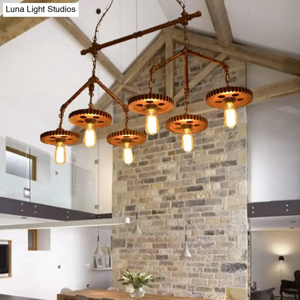Industrial brass pipe island light fixture kitchen gear chandelier