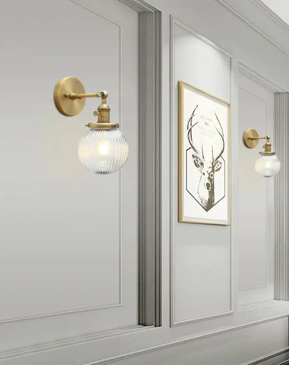 Industrial brass ribbed glass wall sconces kitchen light