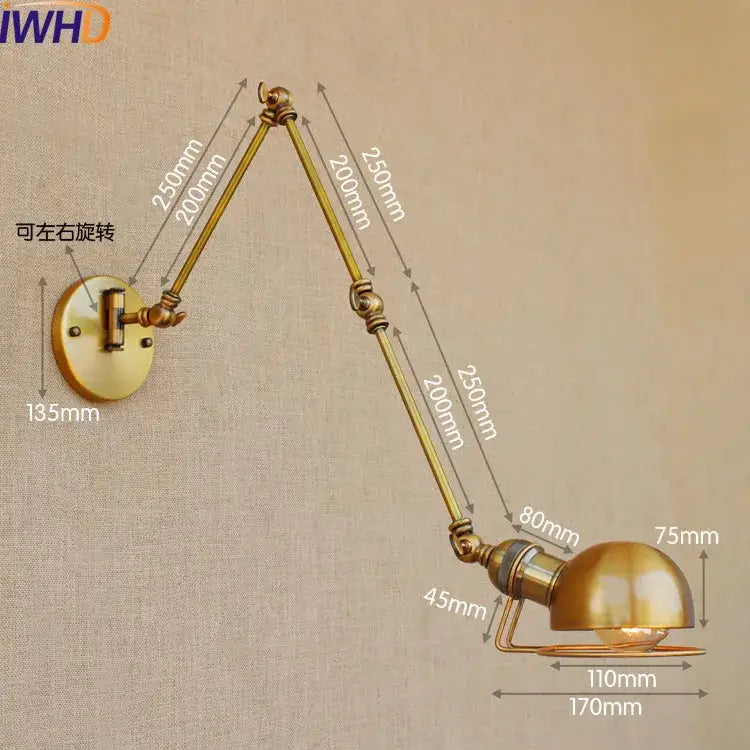 Industrial brass swing arm led wall lamp bedroom reading light