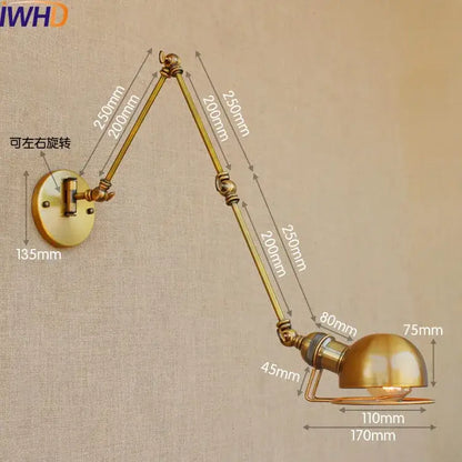 Industrial brass swing arm led wall lamp bedroom reading light