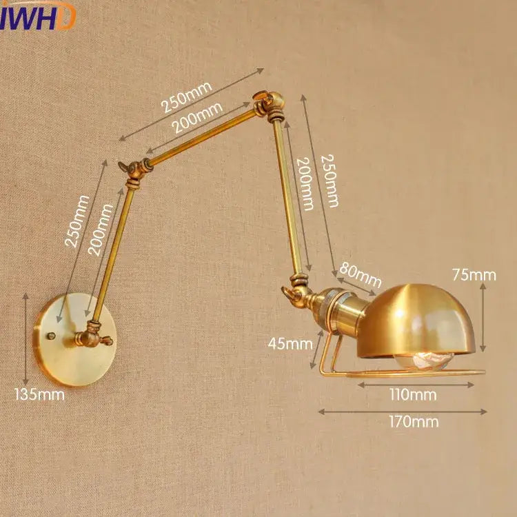 Industrial brass swing arm led wall lamp bedroom reading light
