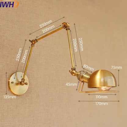 Industrial brass swing arm led wall lamp bedroom reading light