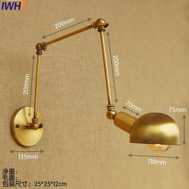 Industrial brass swing arm led wall lamp bedroom reading light
