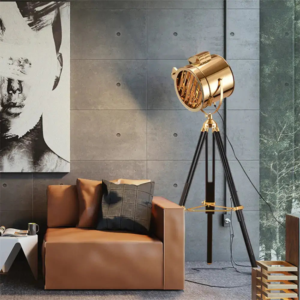 Industrial brass tripod design metal shade floor light living room