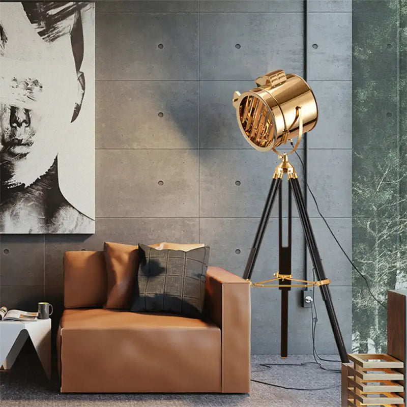Industrial brass tripod design metal shade floor light living room