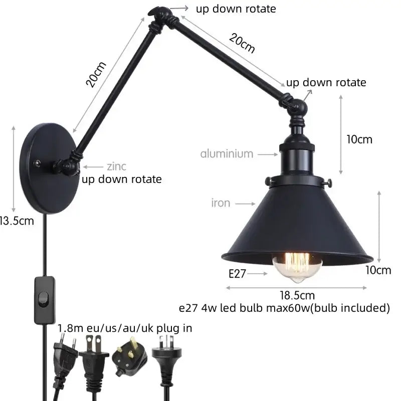Industrial brass wall sconce with pull chain switch – bedroom lamp