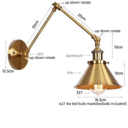 Industrial brass wall sconce with pull chain switch – bedroom lamp