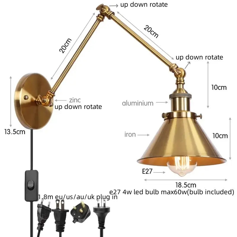 Industrial brass wall sconce with pull chain switch – bedroom lamp