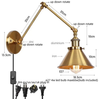 Industrial brass wall sconce with pull chain switch – bedroom lamp