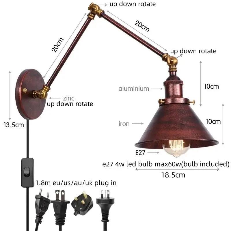 Industrial brass wall sconce with pull chain switch – bedroom lamp