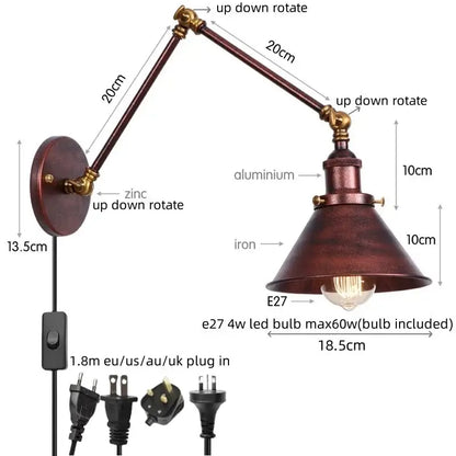 Industrial brass wall sconce with pull chain switch – bedroom lamp