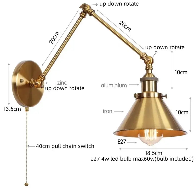 Industrial brass wall sconce with pull chain switch – bedroom lamp