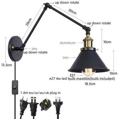 Industrial brass wall sconce with pull chain switch – bedroom lamp