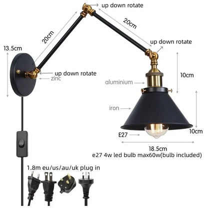 Industrial brass wall sconce with pull chain switch – bedroom lamp