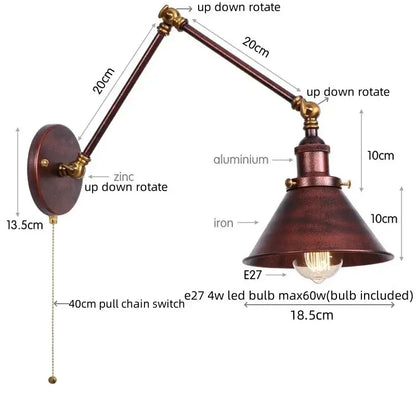 Industrial brass wall sconce with pull chain switch – bedroom lamp