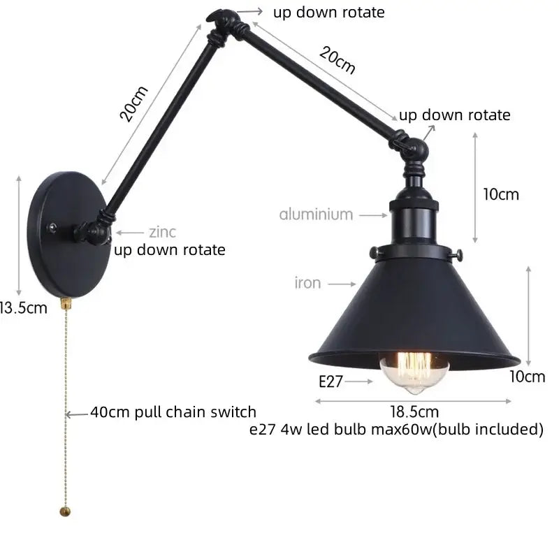 Industrial brass wall sconce with pull chain switch – bedroom lamp