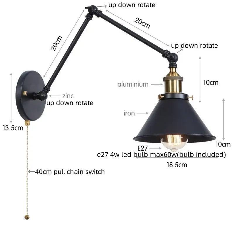 Industrial brass wall sconce with pull chain switch – bedroom lamp