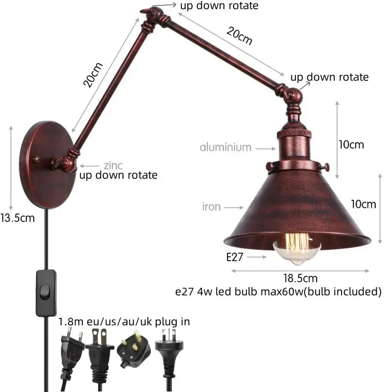 Industrial brass wall sconce with pull chain switch – bedroom lamp