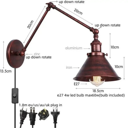 Industrial brass wall sconce with pull chain switch – bedroom lamp