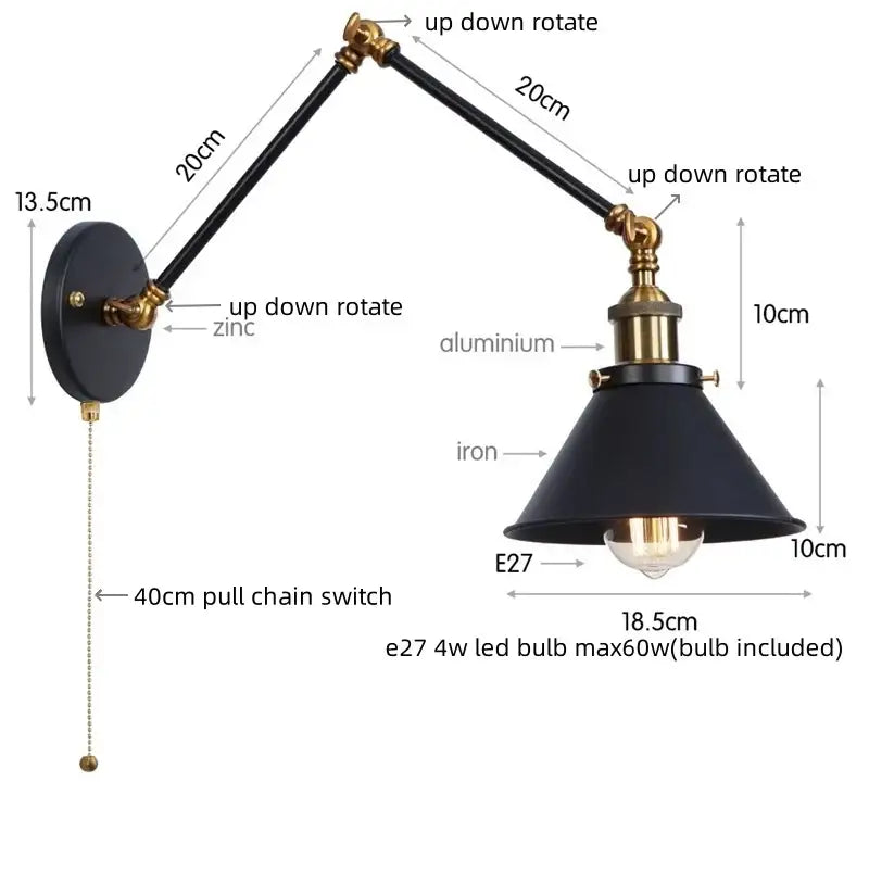 Industrial brass wall sconce with pull chain switch – bedroom lamp