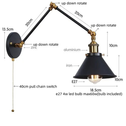 Industrial brass wall sconce with pull chain switch – bedroom lamp