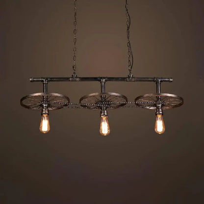 Industrial bronze wheel island pendant light with bare bulbs kitchen