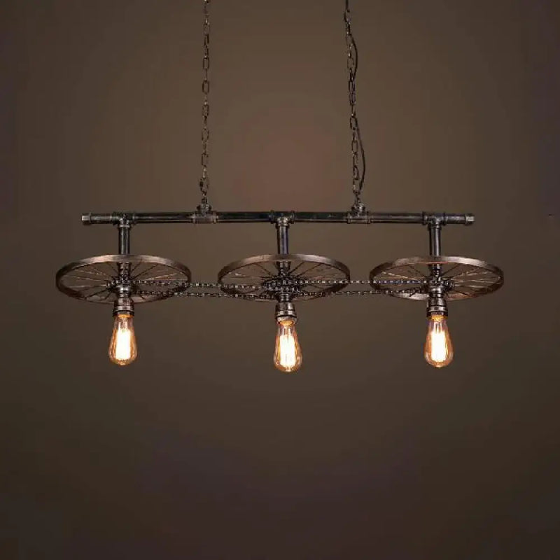 Industrial bronze wheel island pendant light with bare bulbs kitchen
