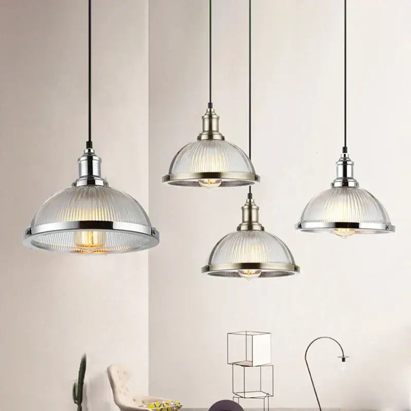 Industrial brushed nickel glass shade pendant light dining room