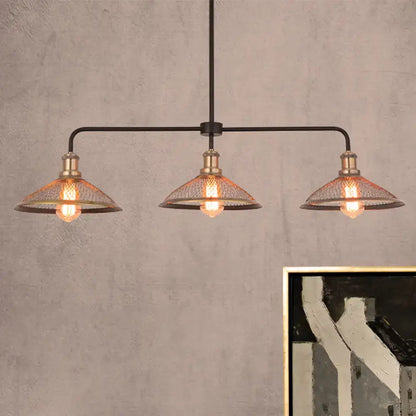 Industrial cage flared black and brass pendant light dining room