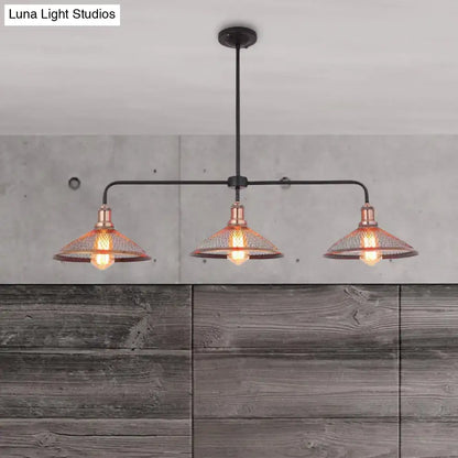 Industrial cage flared black and brass pendant light dining room