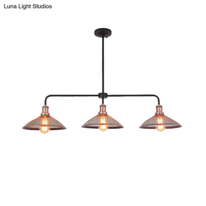 Industrial cage flared black and brass pendant light dining room