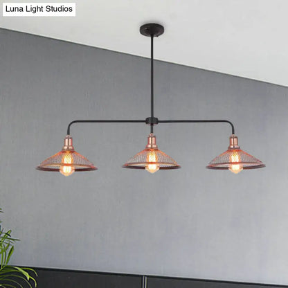 Industrial cage flared black and brass pendant light dining room