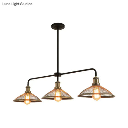 Industrial cage flared black and brass pendant light dining room