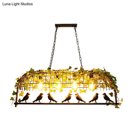 DecorBites™ Industrial Cage Metal Pendant Light with Green Imitation Leaf for Dining Room