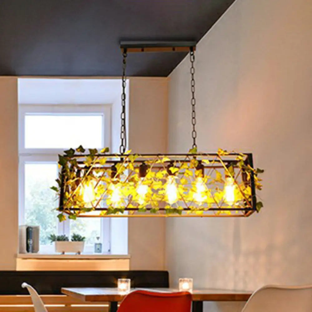 DecorBites™ Industrial Cage Metal Pendant Light with Green Imitation Leaf for Dining Room