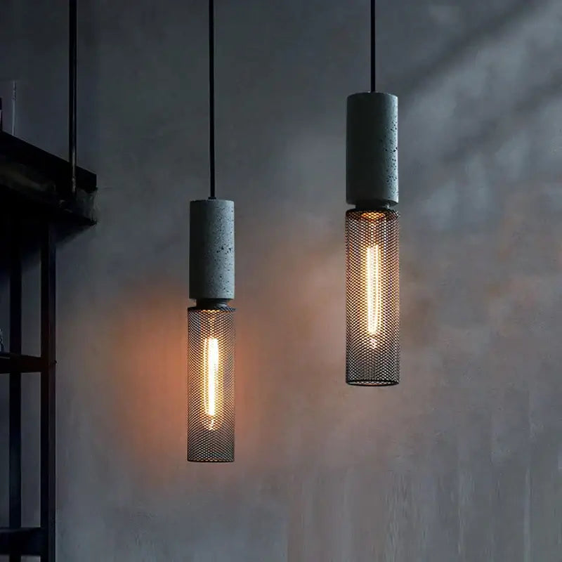 Industrial cement metal pendant light for dining room mesh shade