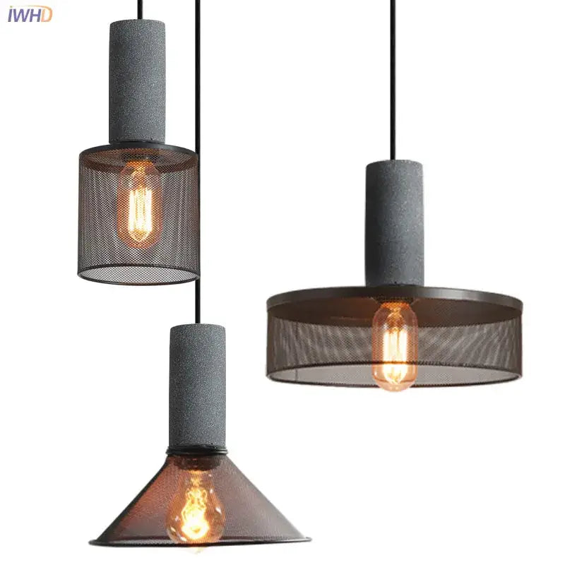 Industrial cement metal pendant light for dining room mesh shade