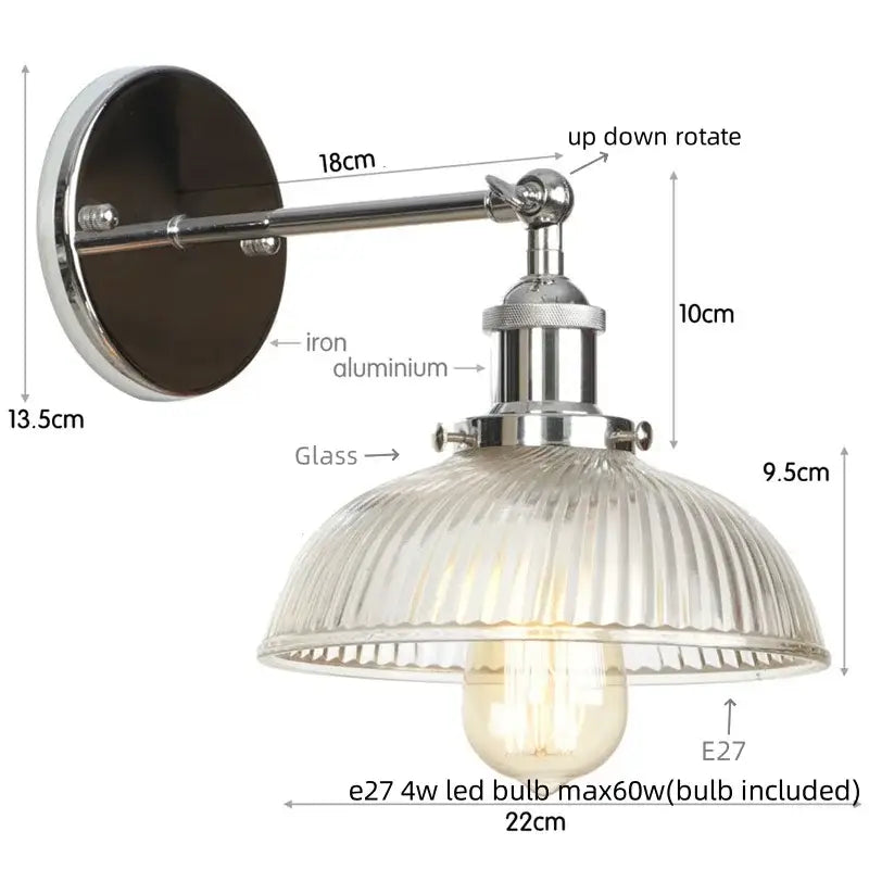 Industrial chrome clear glass wall sconce stairway ribbed light fixture