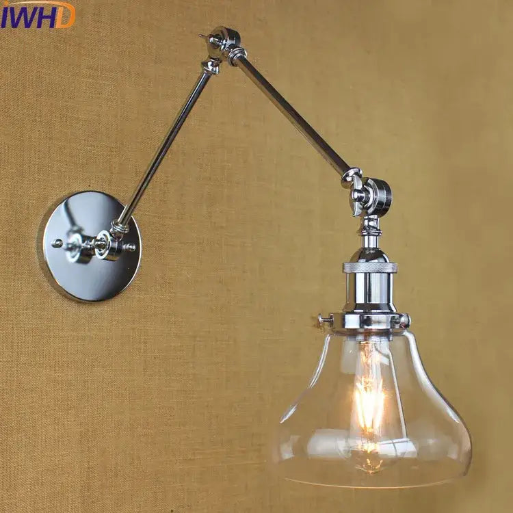 Industrial chrome glass swing arm wall lamp bedroom sconce